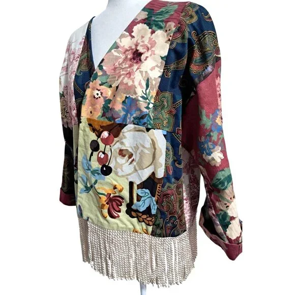 Vintage Boho Patchwork Fringe Floral Kimono Jacket Multicolor Artsy Toile Paisle - Picture 4 of 11